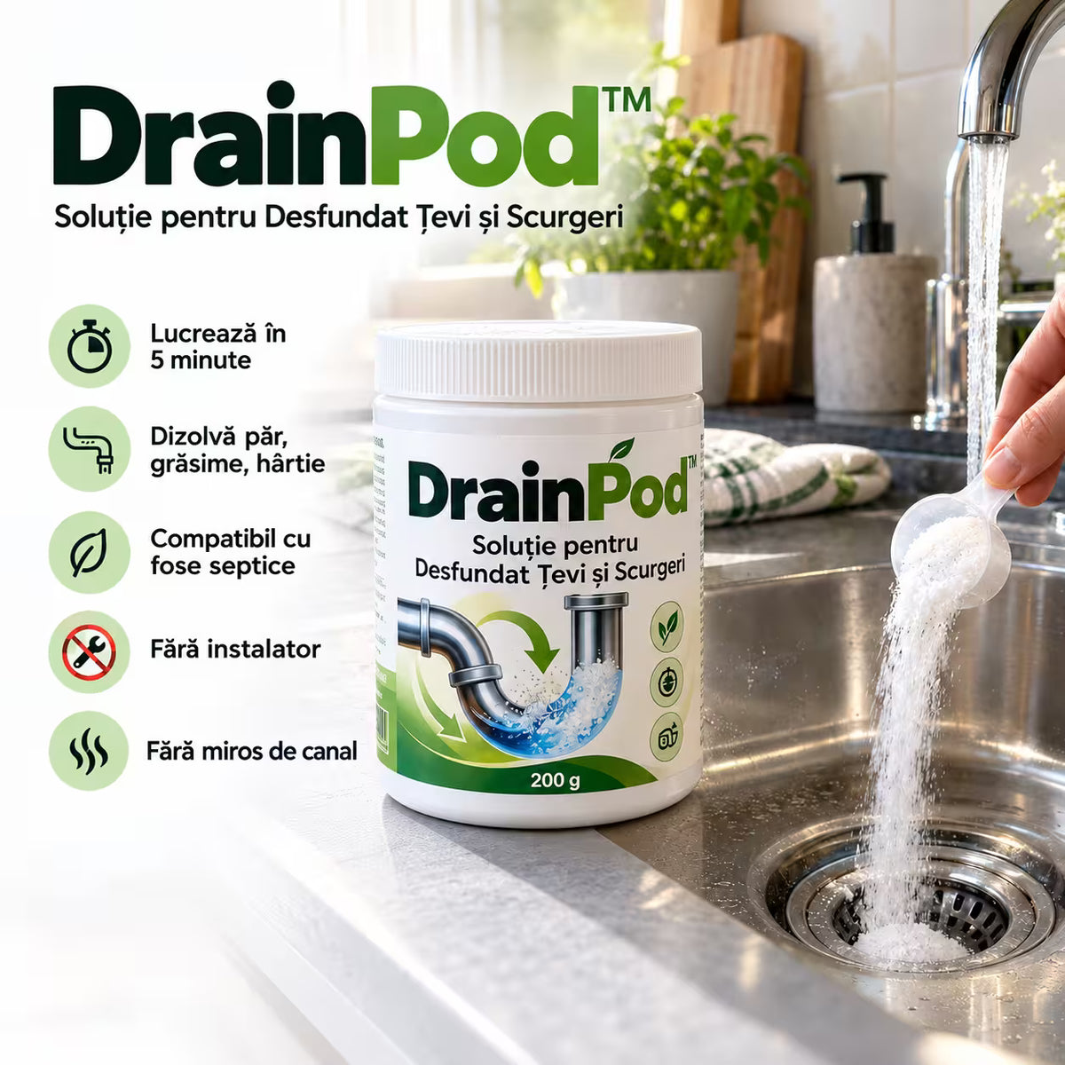 DrainPod™ — Soluție pentru Desfundat Țevi și Scurgeri