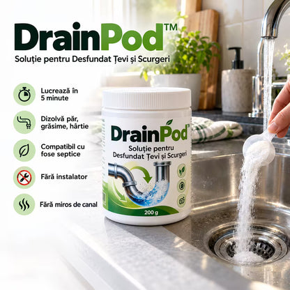 DrainPod™ — Soluție pentru Desfundat Țevi și Scurgeri